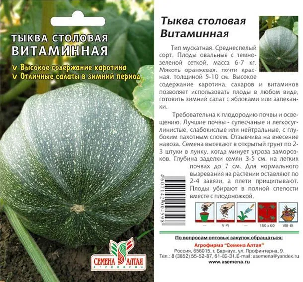 Тыква Витаминная зеленая (цветной пакет) 2г; Семена Алтая