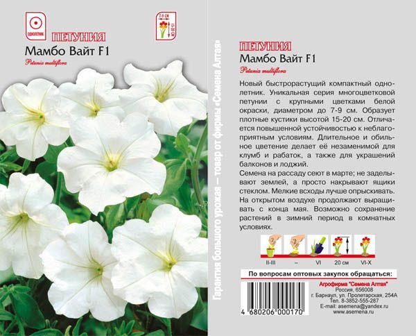 Петуния Мамбо Вайт (цветной пакет) 10шт; Семена Алтая