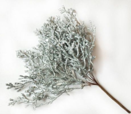 Ветка Туи с глиттером на вставке, H20см, серебряный