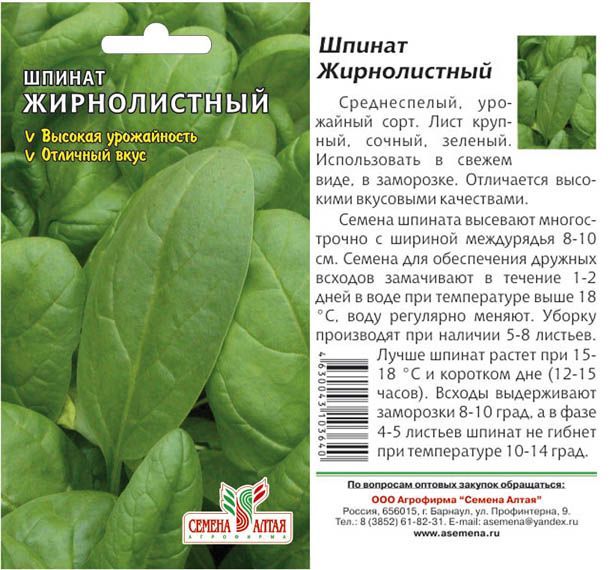 Шпинат Жирнолистный (цветной пакет) 1г; Семена Алтая