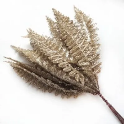 Набор листьев с глиттером 12шт., H19см, шампань