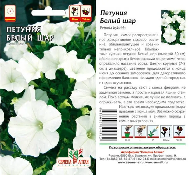Петуния Белый Шар (цветной пакет) 0,1г; Семена Алтая