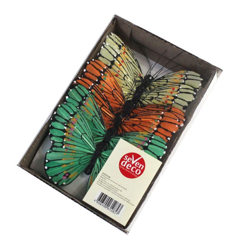 Набор вставок Бабочка (перо), зеленые, оранжевые, бежевые, 10см, (6шт)